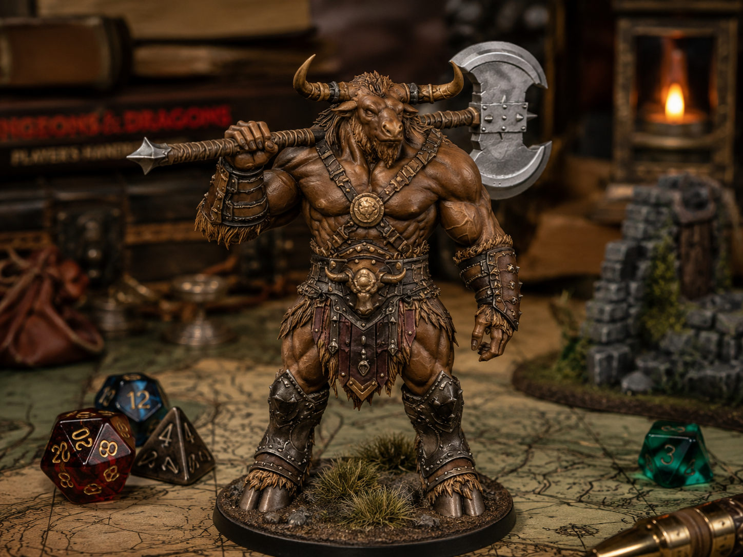 Minotaur Greataxe STL — DnD Fantasy Labyrinth Boss Miniature 3D Print Tabletop — main view