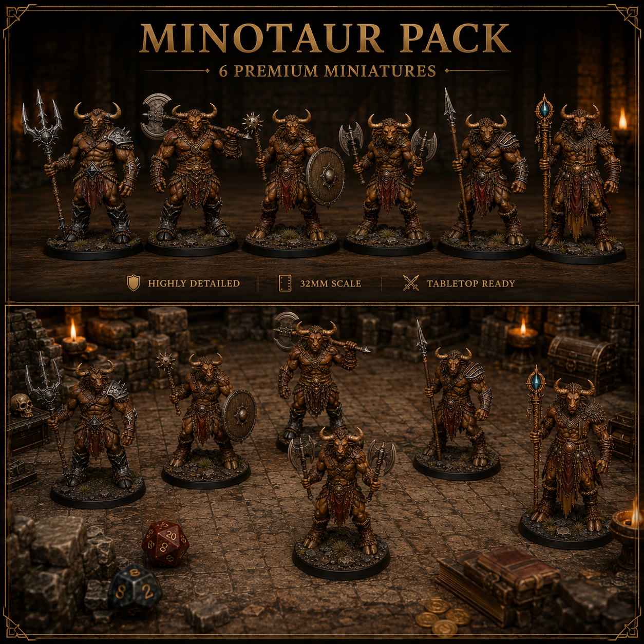 Minotaur Warband Bundle 6 STL — DnD Fantasy Labyrinth Pack Miniatures 3D Print — main view