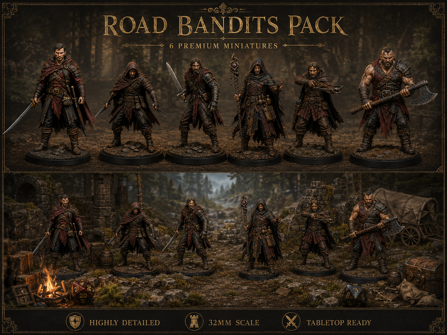 Road Bandits Pack 6 STL — DnD Fantasy Highway Robber Ambush Bundle 3D Print Tabletop — main view