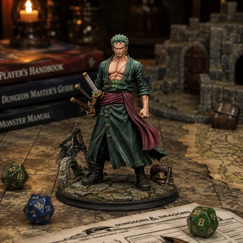 One Piece STL Roronoa Zoro 3D Print - DND Anime Miniature Three Sword Style Ronin Statue — main view
